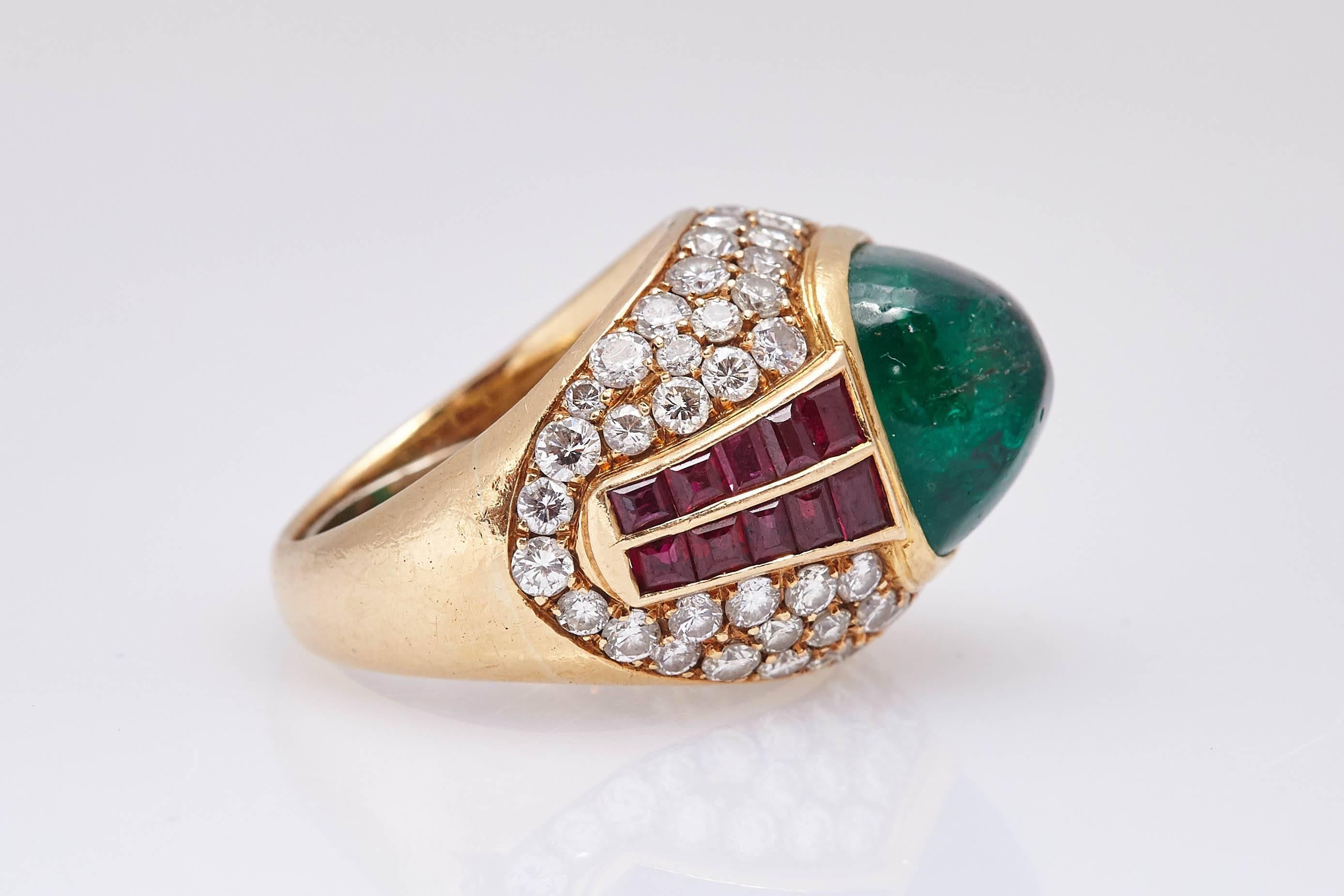 Cabochon Emerald Ruby Diamond Ring 1