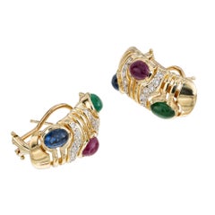 Cabochon Emerald Ruby Sapphire Round Diamond Yellow Gold Clip Post Earrings