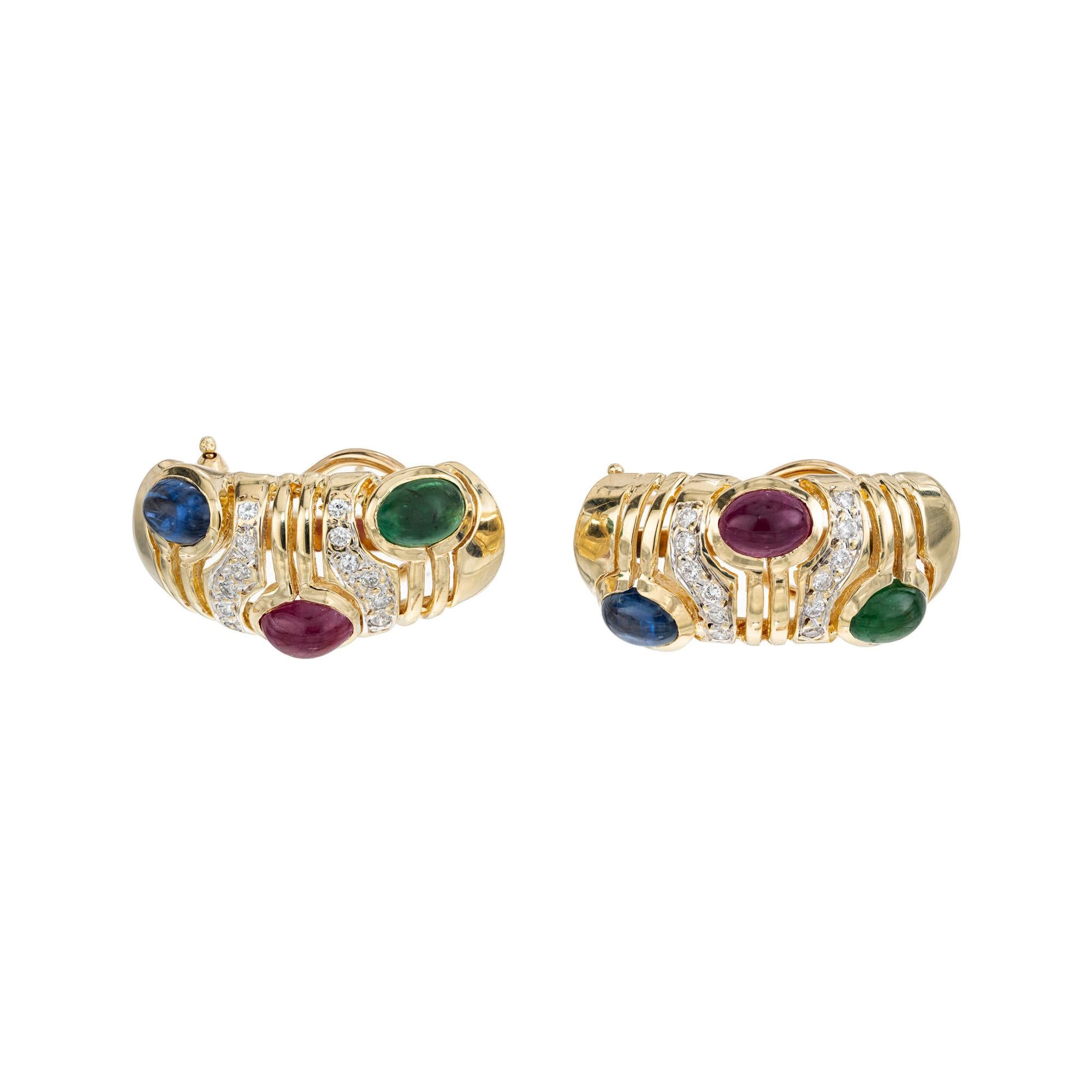 Cabochon Emerald Ruby Sapphire Round Diamond Yellow Gold Clip Post Earrings  1