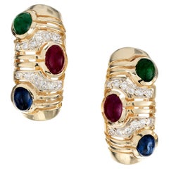 Cabochon Emerald Ruby Sapphire Round Diamond Yellow Gold Clip Post Earrings 