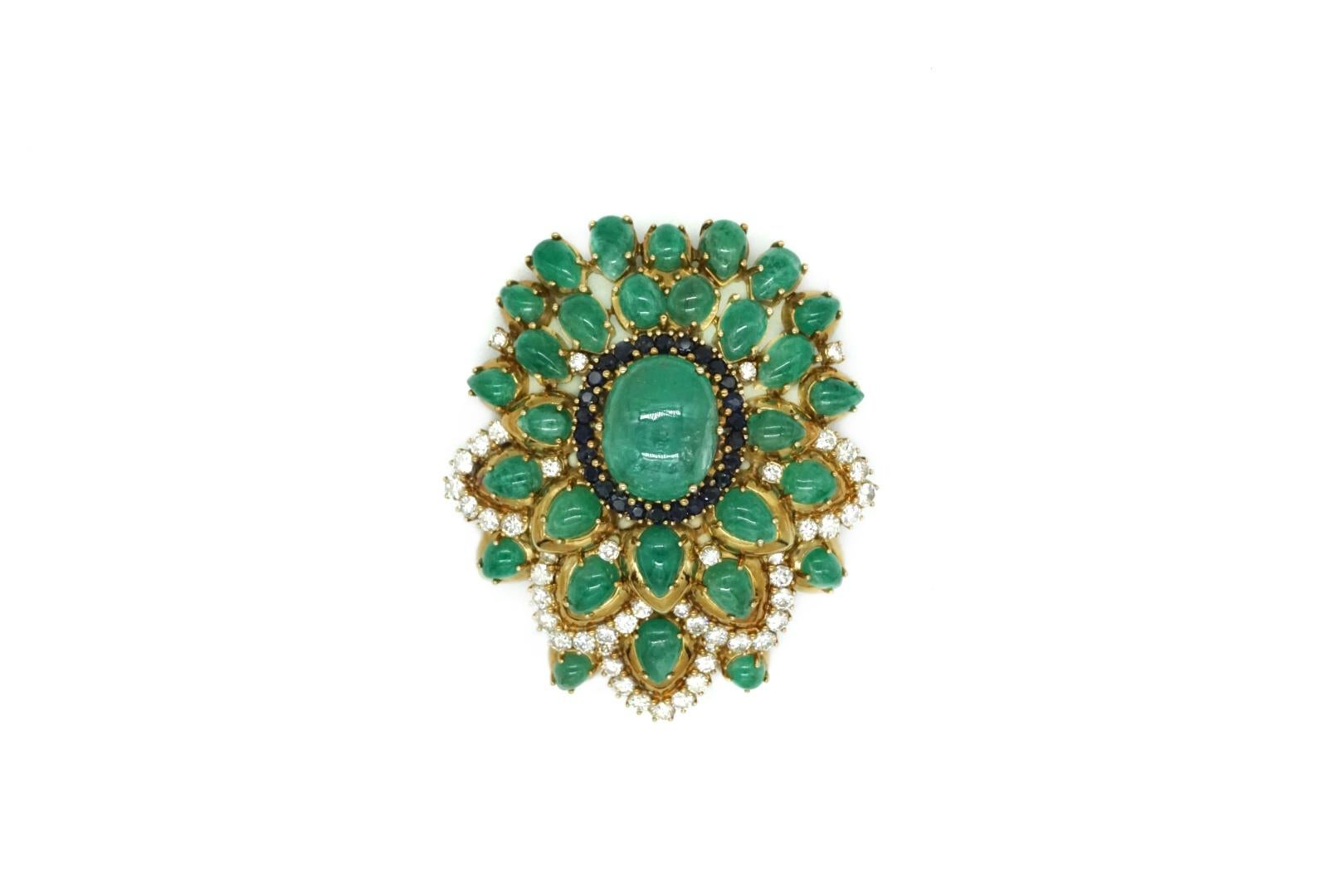 Women's or Men's Cabochon Emerald, Sapphire and Diamond Brooch For Sale