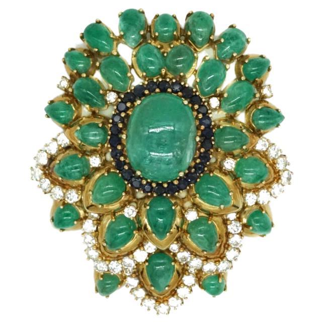 Cabochon Emerald, Sapphire and Diamond Brooch For Sale