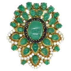 Cabochon Emerald, Sapphire and Diamond Brooch