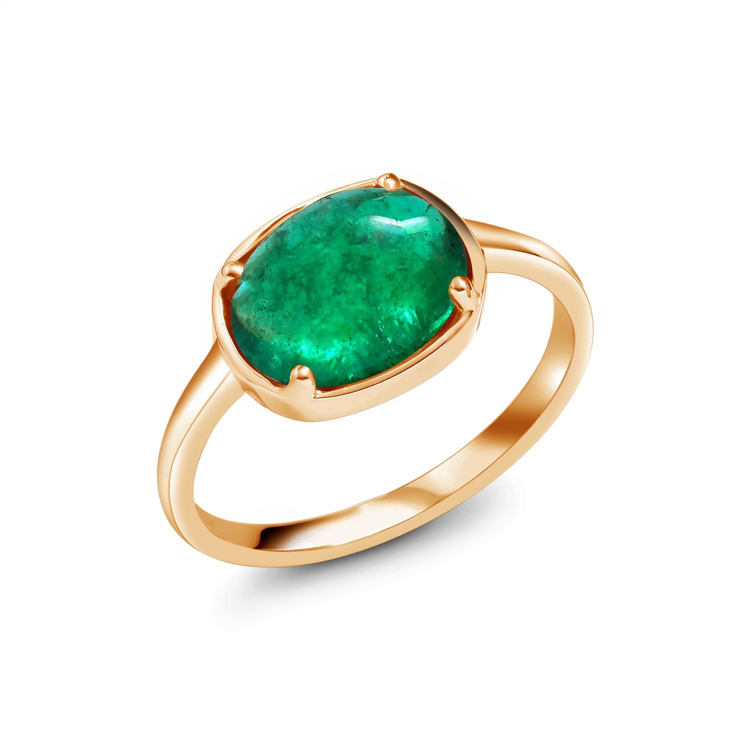 Oval Cut Cabochon Emerald Solitaire Rose Gold Ring Weighing 2.40 Carats