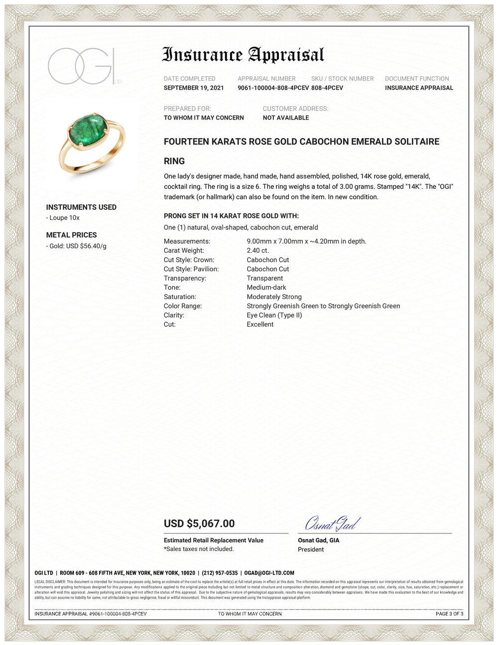 Fourteen Karats rose gold cabochon emerald ring 
Cabochon emerald weighing 2.40 carat       
Emerald hue tone color is grass green                                                     
Ring Size 6 
The ring shank is 2 millimeter 
The ring can