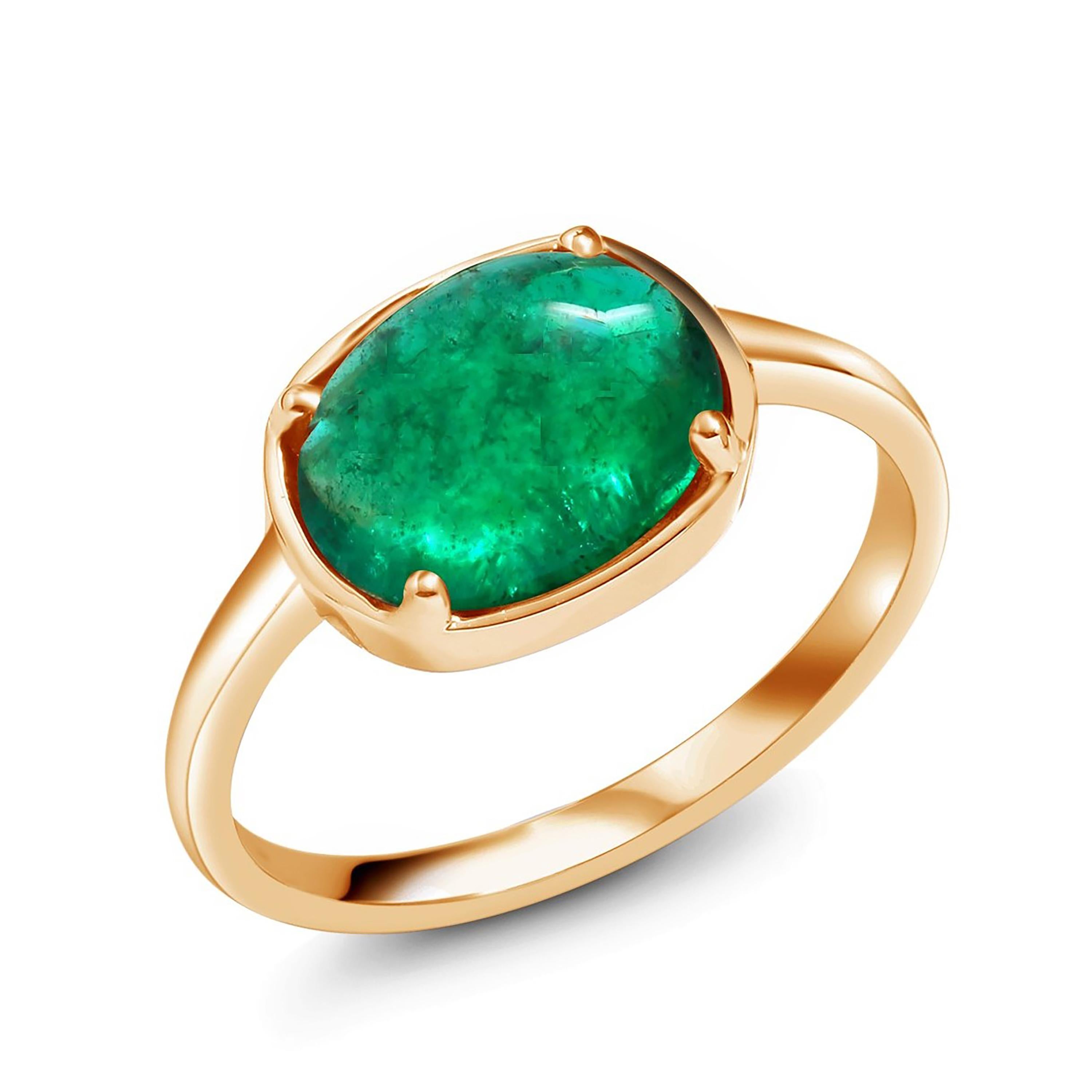 Women's Cabochon Emerald Solitaire Rose Gold Ring Weighing 2.40 Carats