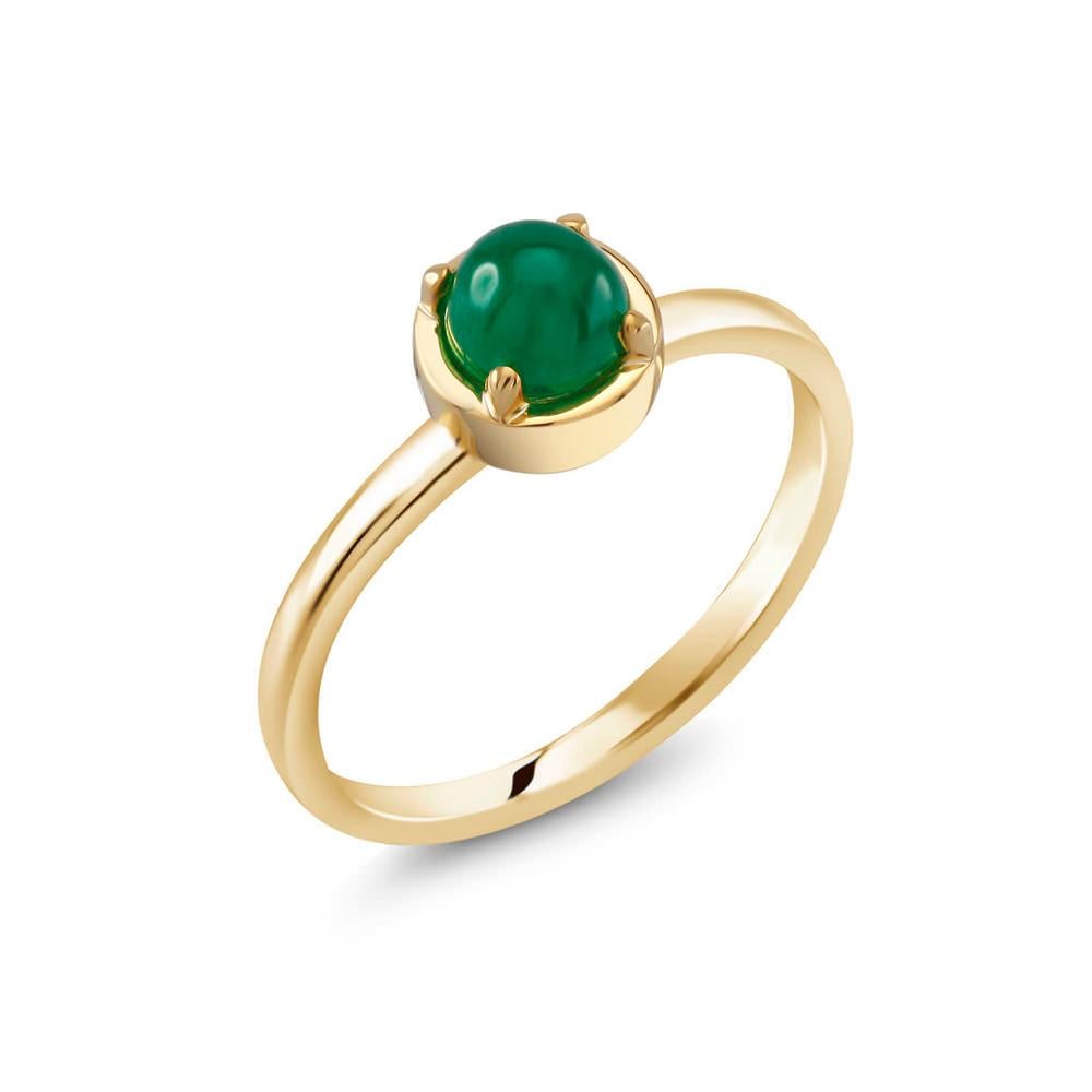 Sterling silver solitaire cabochon emerald ring 
Round cabochon emerald weighing 2.00 carats
Cabochon emerald measuring 6 millimeter
Ring finger size 5
New Ring
The ring cannot be resized
Yellow gold plated 
Handmade in the USA
