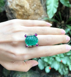 Cabochon Emerald with Cabochon Ruby Ring Set in 18 Karat White Gold Settings
