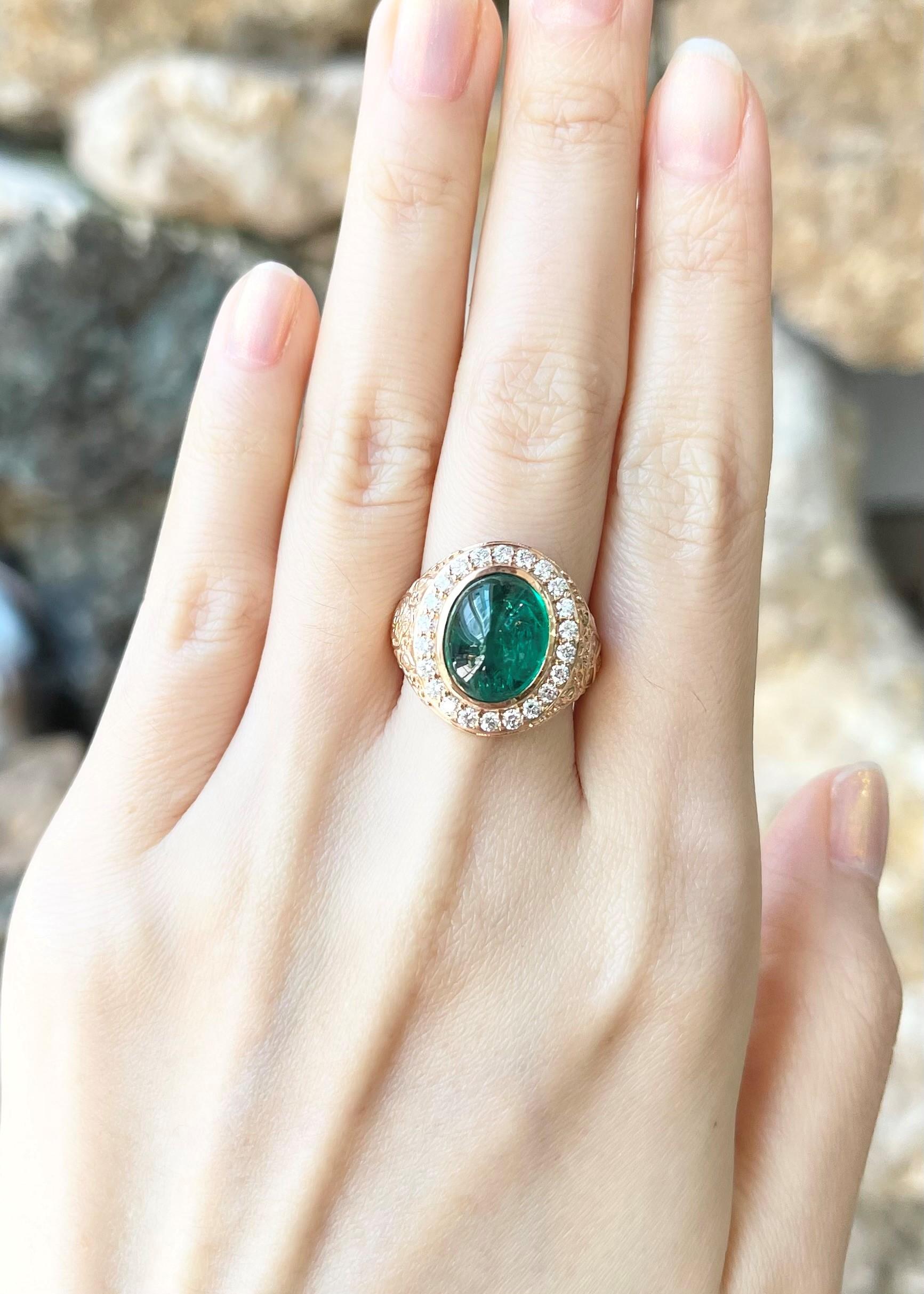 Cabochon Smaragd mit Diamanten Ring in 18K Rose Gold gefasst für Damen oder Herren im Angebot