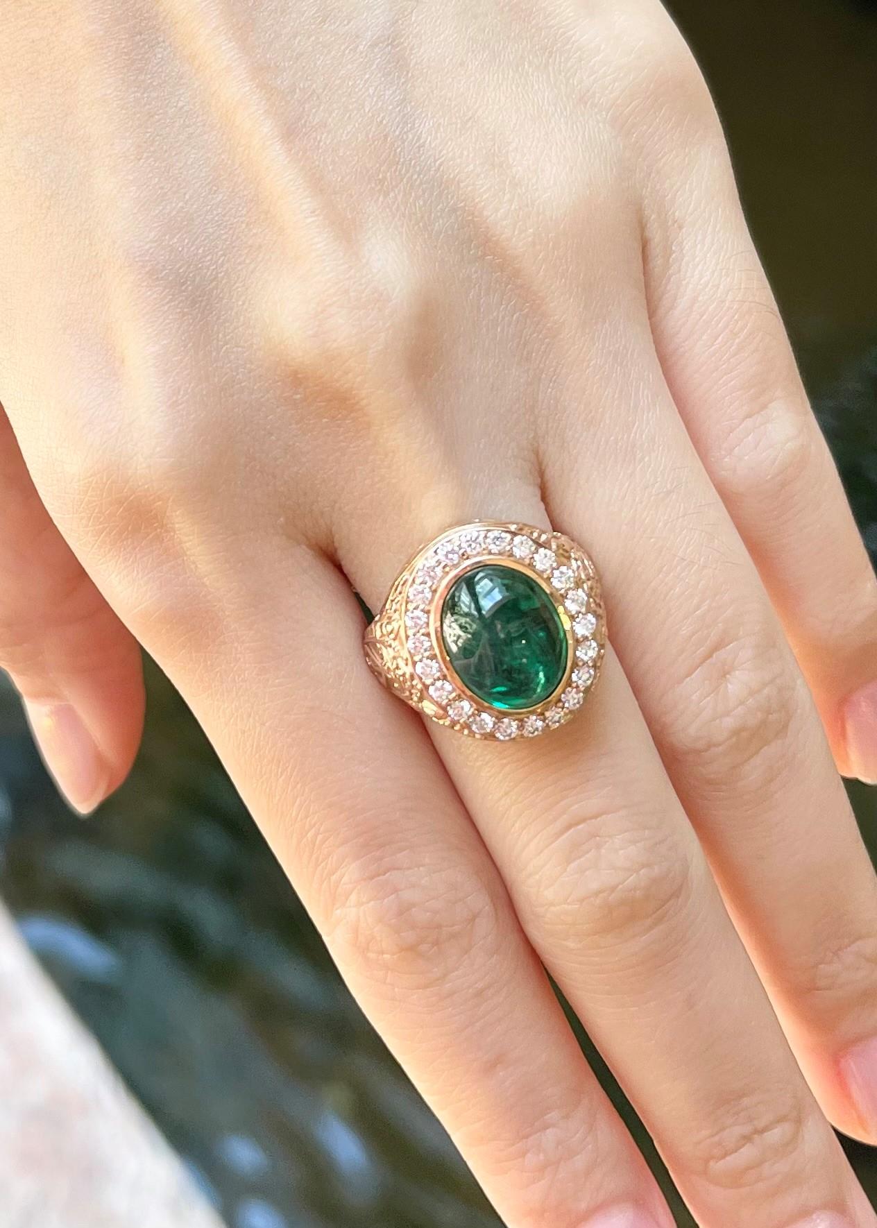 Cabochon Smaragd mit Diamanten Ring in 18K Rose Gold gefasst im Angebot 2