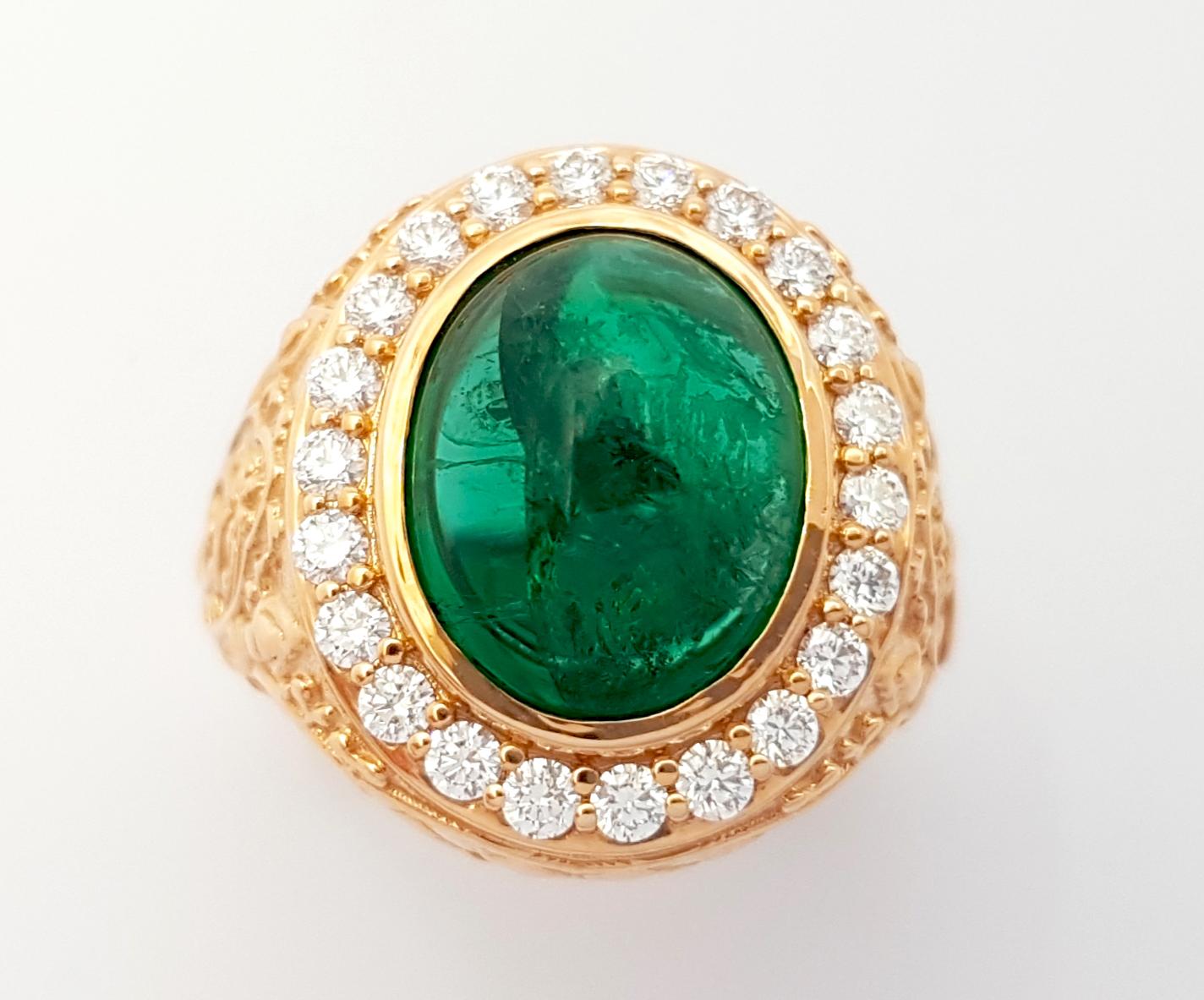 Cabochon Smaragd mit Diamanten Ring in 18K Rose Gold gefasst im Angebot 3