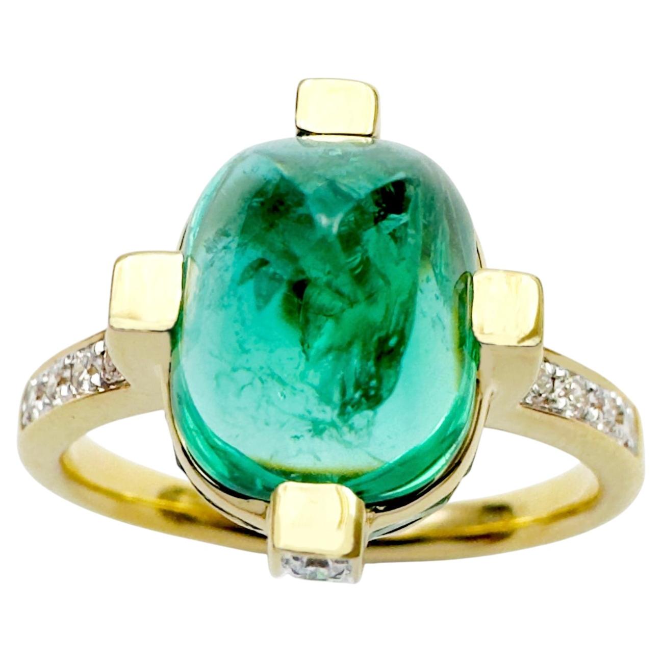 Cabochon Emerald with Emerald and Diamond Ring set in 18K Gold Settings For Sale