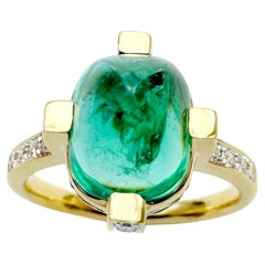 Cabochon Emerald with Emerald and Diamond Ring set in 18K Gold Settings