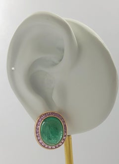 Cabochon Emerald with Pink Sapphire Earrings set in 18K Rose Gold Settings