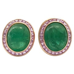 Cabochon Emerald with Pink Sapphire Earrings set in 18K Rose Gold Settings