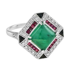 Cabochon Emerald with Ruby Diamond Onyx Halo Ring in 18k White Gold