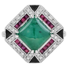 Cabochon Emerald with Ruby Diamond Onyx Halo Ring in 18k White Gold