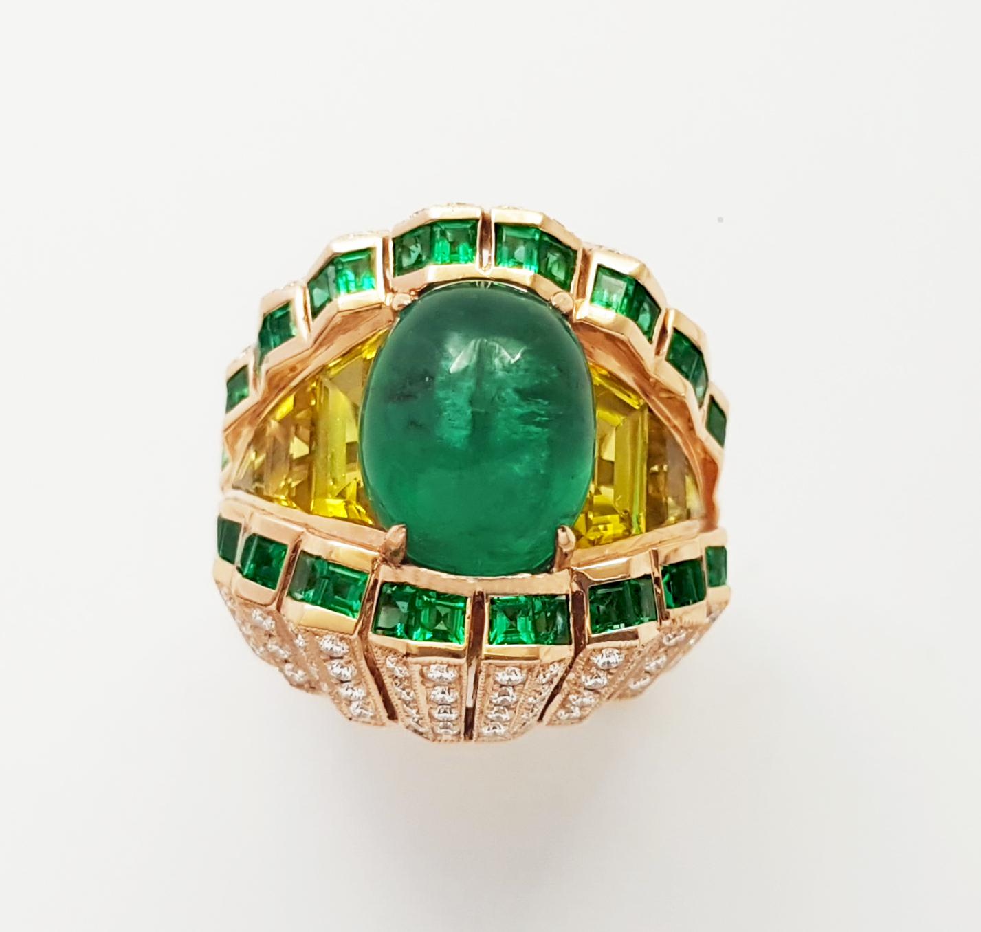 Cabochon Emerald, Yellow Sapphire and Diamond Ring set in 18K Rose Gold Settings im Angebot 7