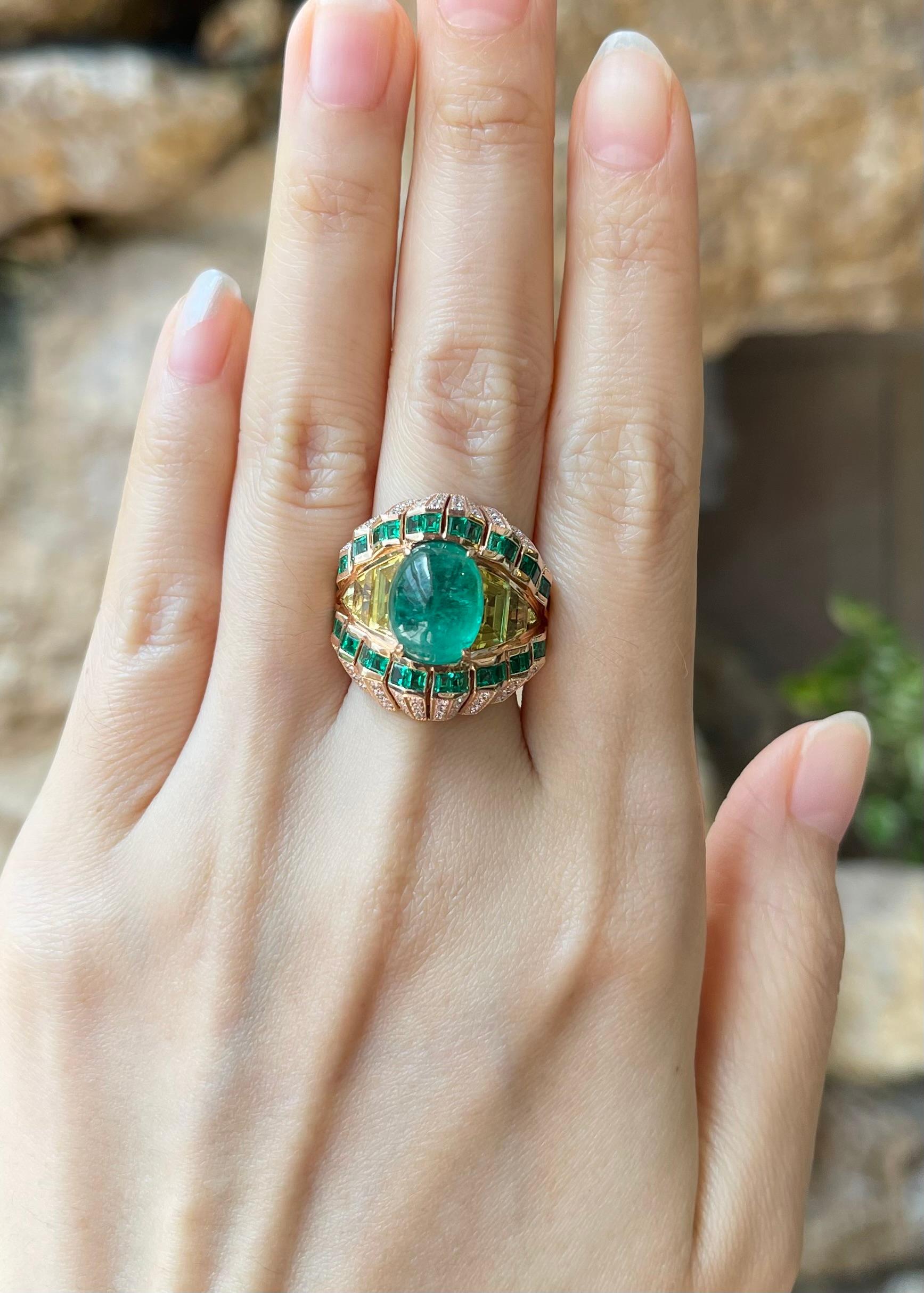 Cabochon Emerald 5.84 carats, Yellow Sapphire 3.57 carats, Emerald 1.44 carats and Diamond 0.95 carat Ring set in 18K Rose Gold Settings

Width:  2.4 cm 
Length: 2.3 cm
Ring Size: 56
Total Weight: 17.42 grams

