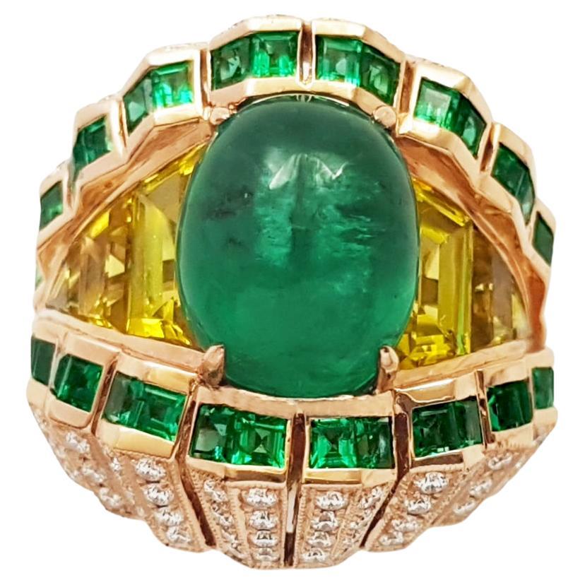 Cabochon Emerald, Yellow Sapphire and Diamond Ring set in 18K Rose Gold Settings