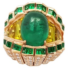 Cabochon Emerald, Yellow Sapphire and Diamond Ring set in 18K Rose Gold Settings