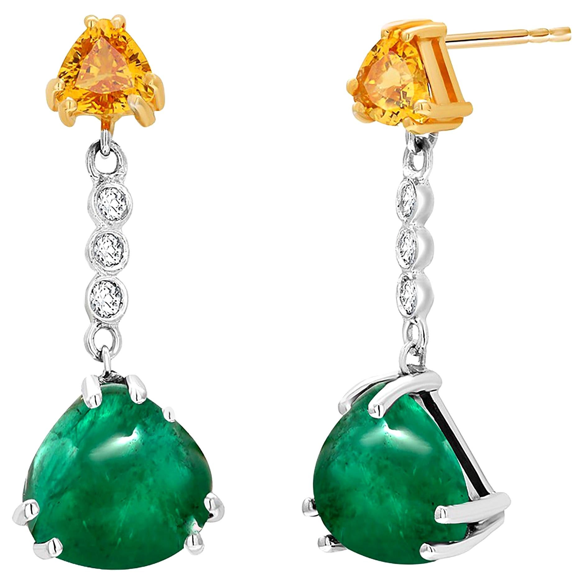 Cabochon Emerald Yellow Sapphire Diamond Gold Earrings Weighing 5.81 Carat
