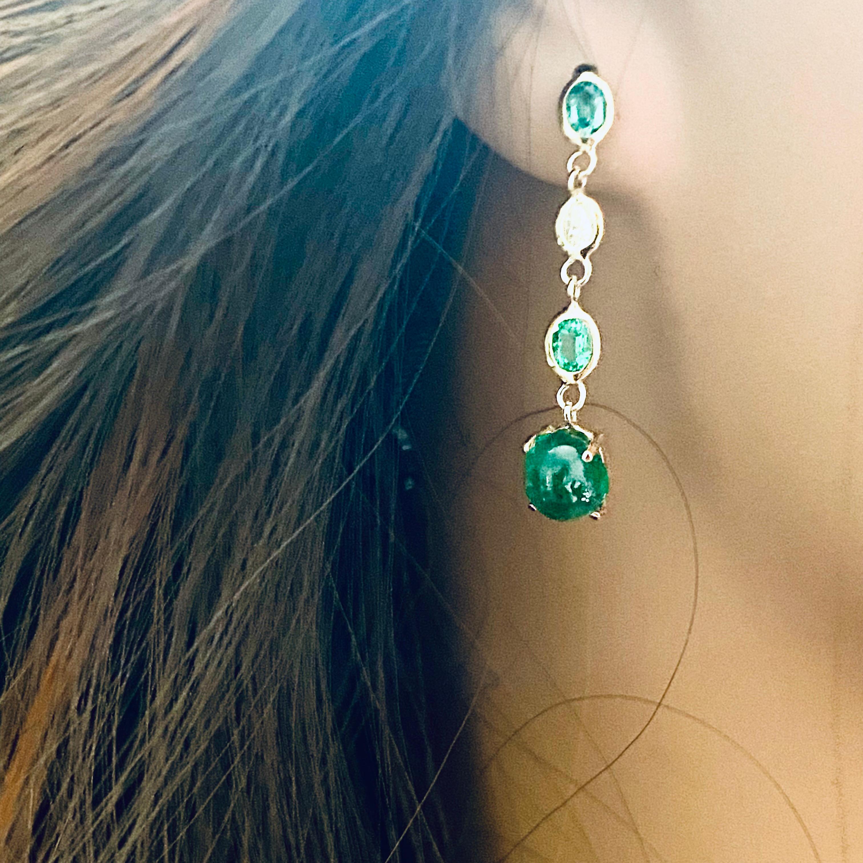 Contemporary Cabochon Emeralds Suspended Oval Emerald Diamonds 3 Carats Bezel  Gold Earrings
