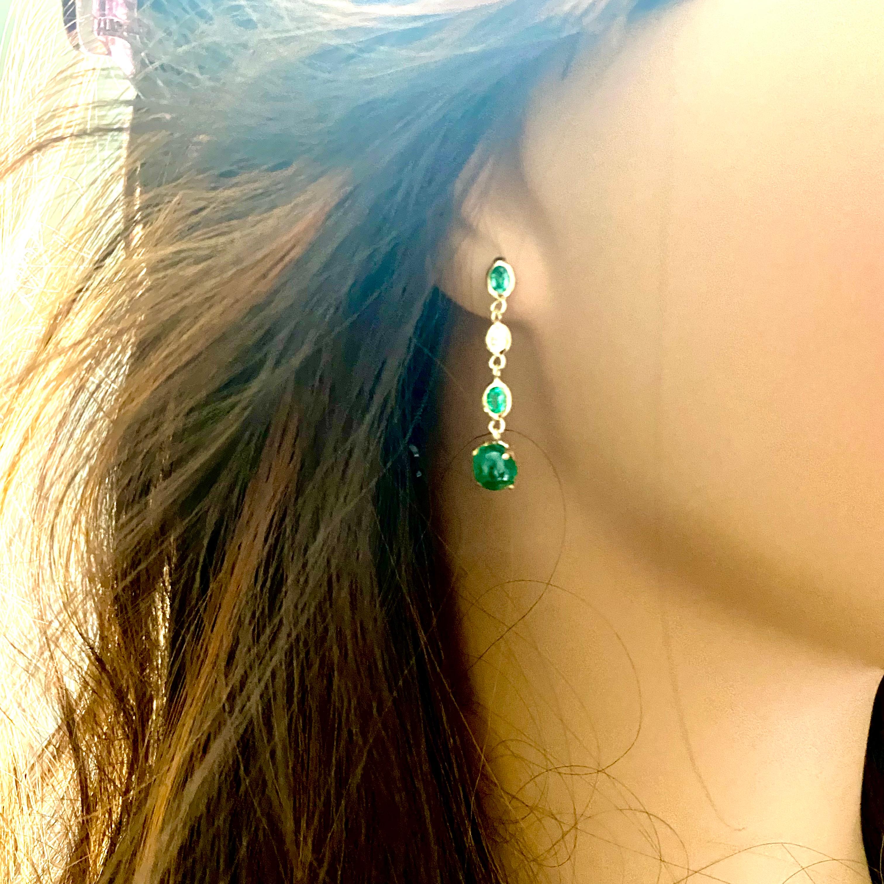 Oval Cut Cabochon Emeralds Suspended Oval Emerald Diamonds 3 Carats Bezel  Gold Earrings