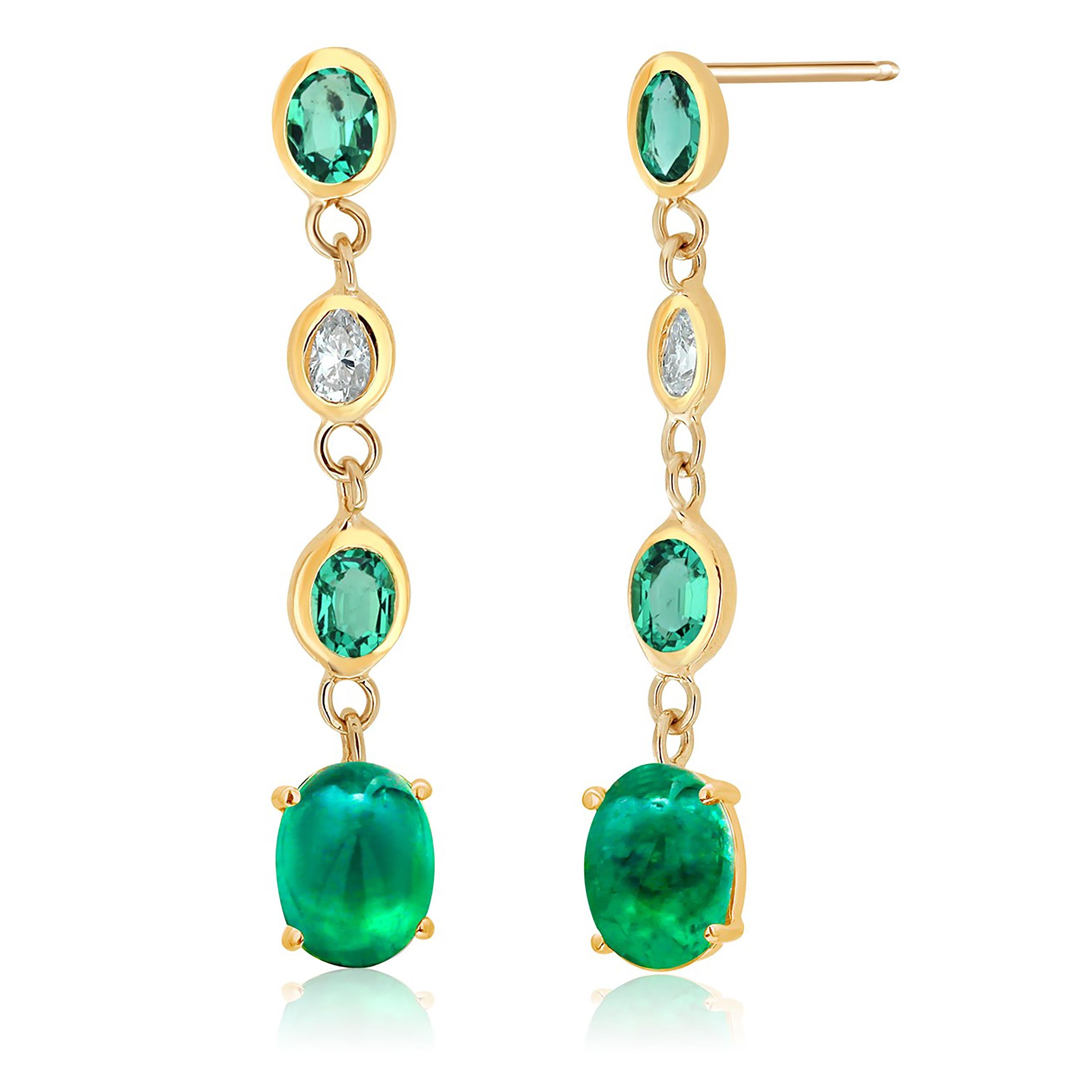 Cabochon Emeralds Suspended Oval Emerald Diamonds 3 Carats Bezel  Gold Earrings In New Condition In New York, NY