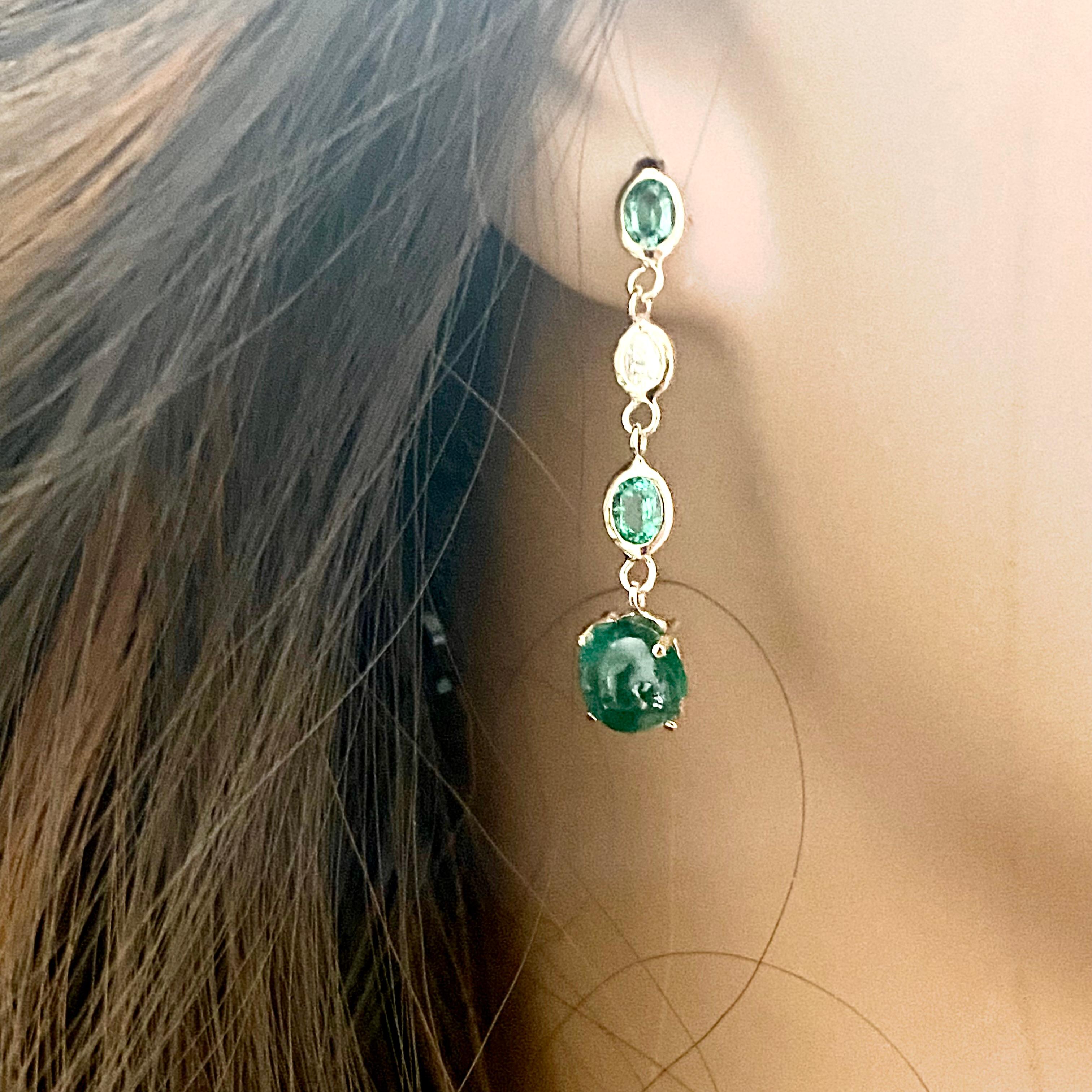 Women's or Men's Cabochon Emeralds Suspended Oval Emerald Diamonds 3 Carats Bezel  Gold Earrings