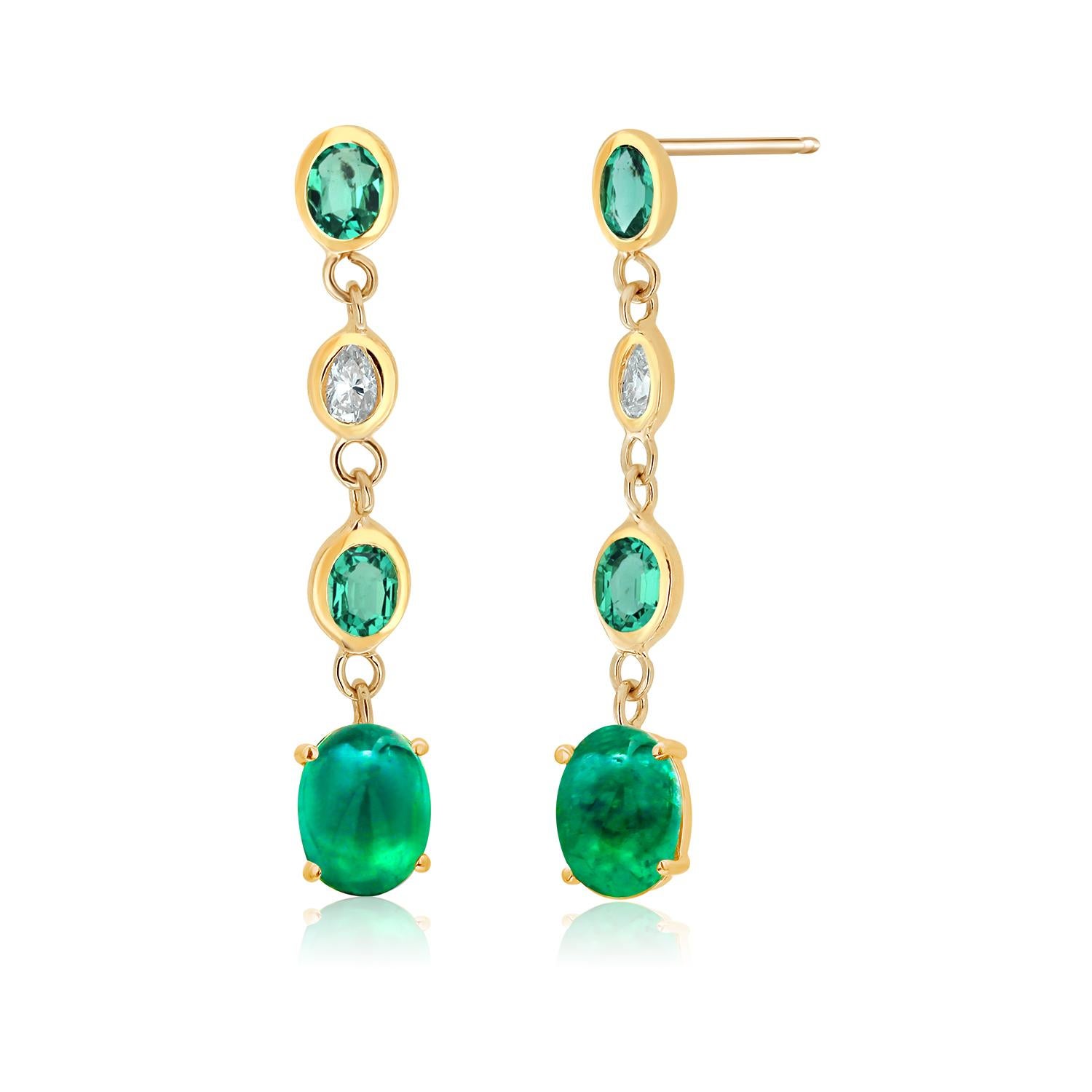 Cabochon Emeralds Suspended Oval Emerald Diamonds 3 Carats Bezel  Gold Earrings 2