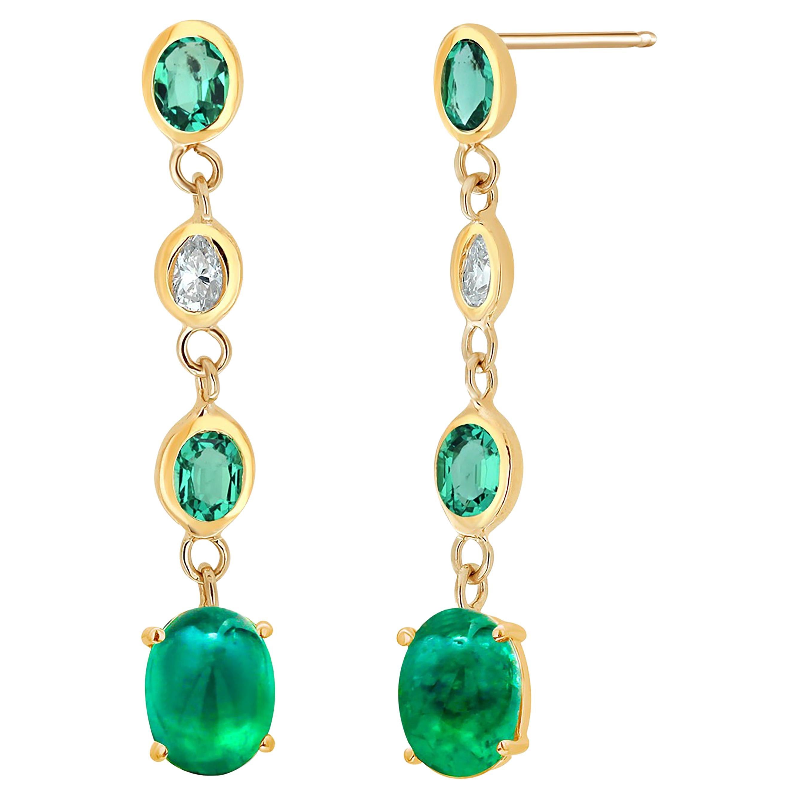 Cabochon Emeralds Suspended Oval Emerald Diamonds 3 Carats Bezel  Gold Earrings
