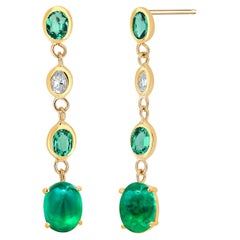 Cabochon Emeralds Suspended Oval Emerald Diamonds 3 Carats Bezel  Gold Earrings