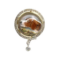 Cabochon English Crystal and Diamond 18 Karat Yellow Gold Hunting Dog Brooch