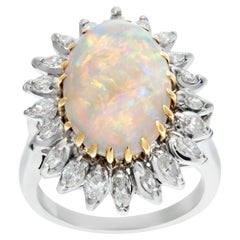 Vintage Cabochon fire opal & marquise diamonds ring in 14k white gold