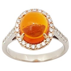 Cabochon Fire Opal with Diamond Ring Set in 18 Karat White Gold Settings