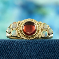 Cabochon Garnet and Opal Vintage Style Ring in Solid 14K Yellow Gold