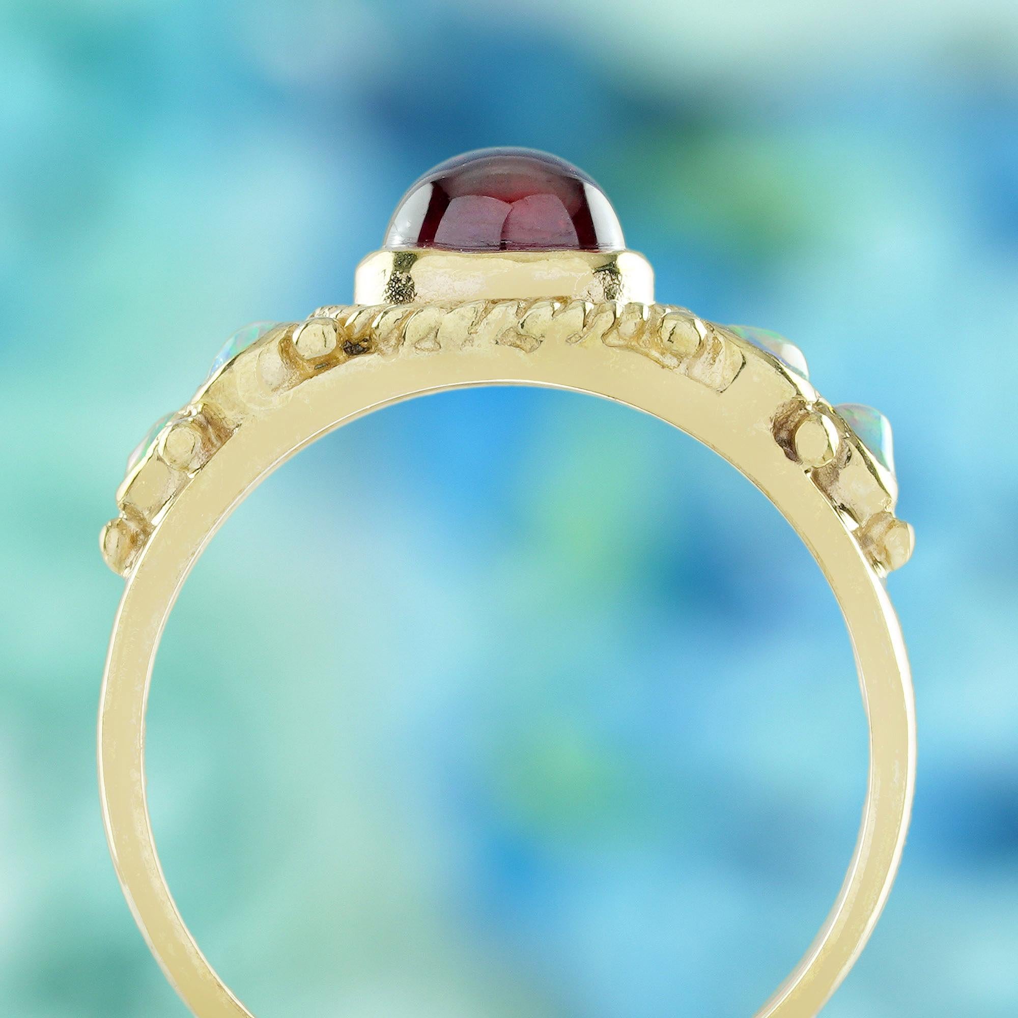 Bague de style vintage en or jaune 14 carats, grenat cabochon et opale Neuf - En vente à Bangkok, TH