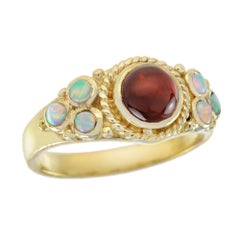 Cabochon Garnet and Opal Vintage Style Ring in Solid 14K Yellow Gold