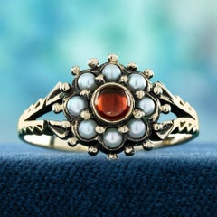 Cabochon Garnet and Pearl Vintage Style Floral Ring in Solid 14K Yellow Gold
