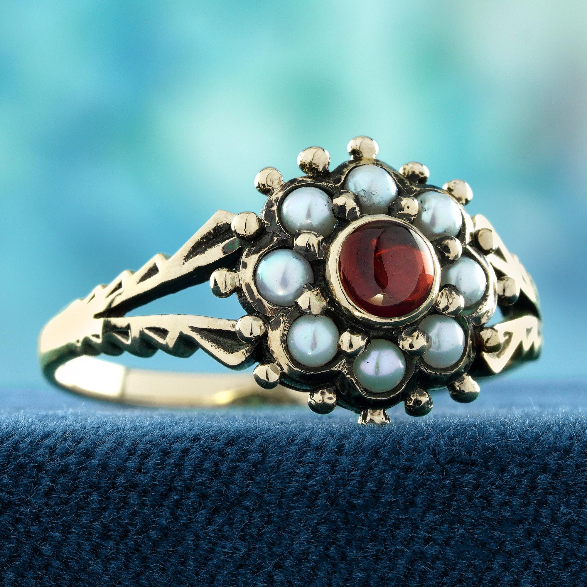 Edwardian Cabochon Garnet and Pearl Vintage Style Floral Ring in Solid 14K Yellow Gold For Sale