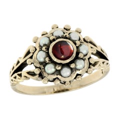 Cabochon Garnet and Pearl Vintage Style Floral Ring in Solid 14K Yellow Gold