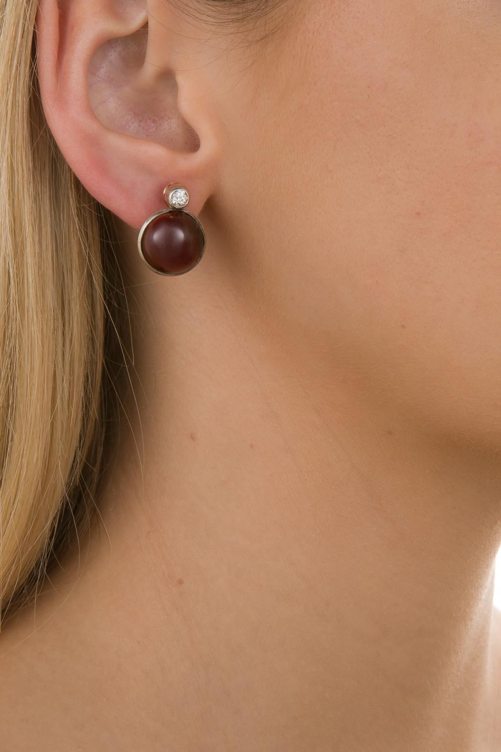 Cabochon Garnet and Old European Cut Diamond Earrings In Good Condition In QLD , AU