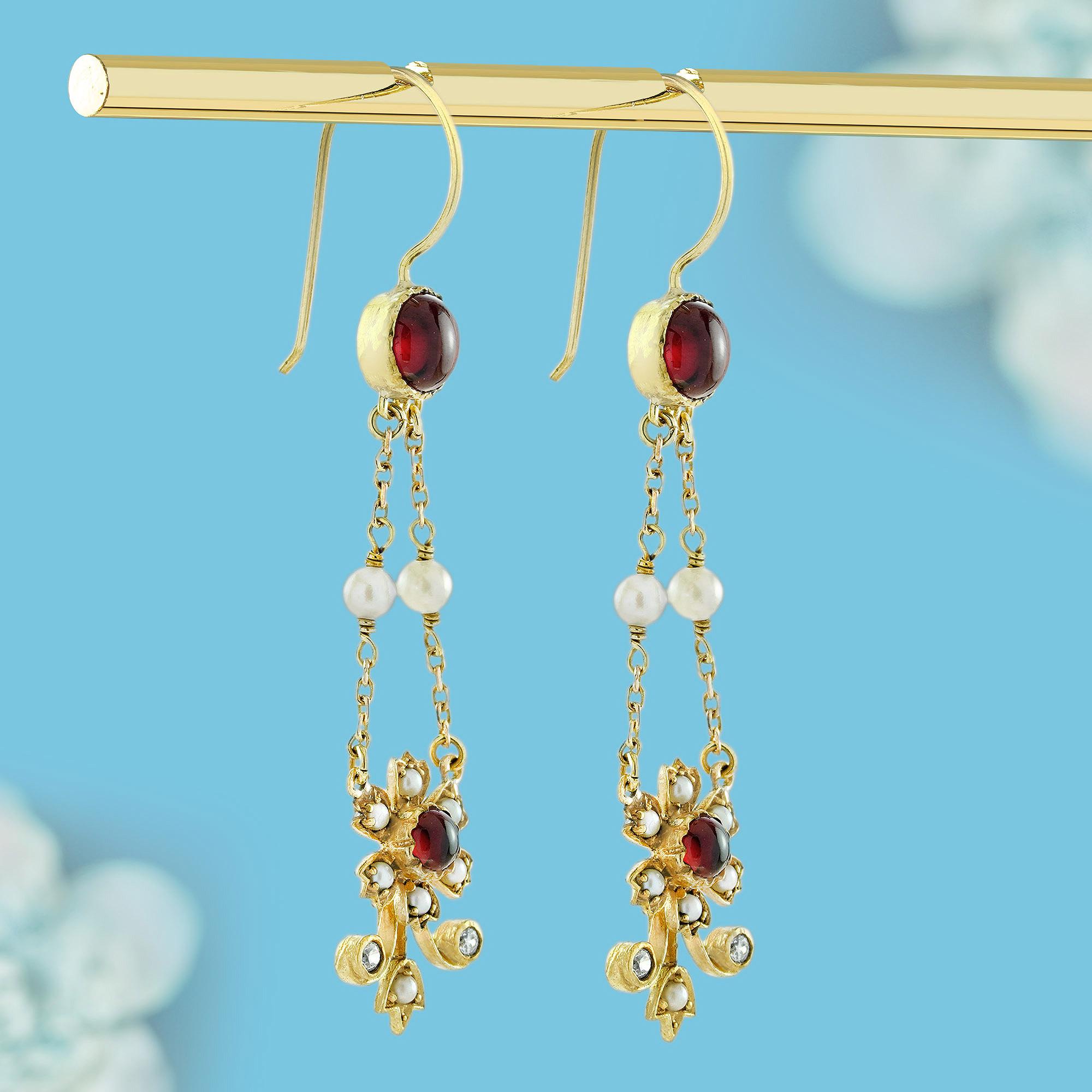 Cabochon Granat Perle und Diamant Vintage Style Tropfen Ohrringe in massivem 9K Gold (Edwardian) im Angebot
