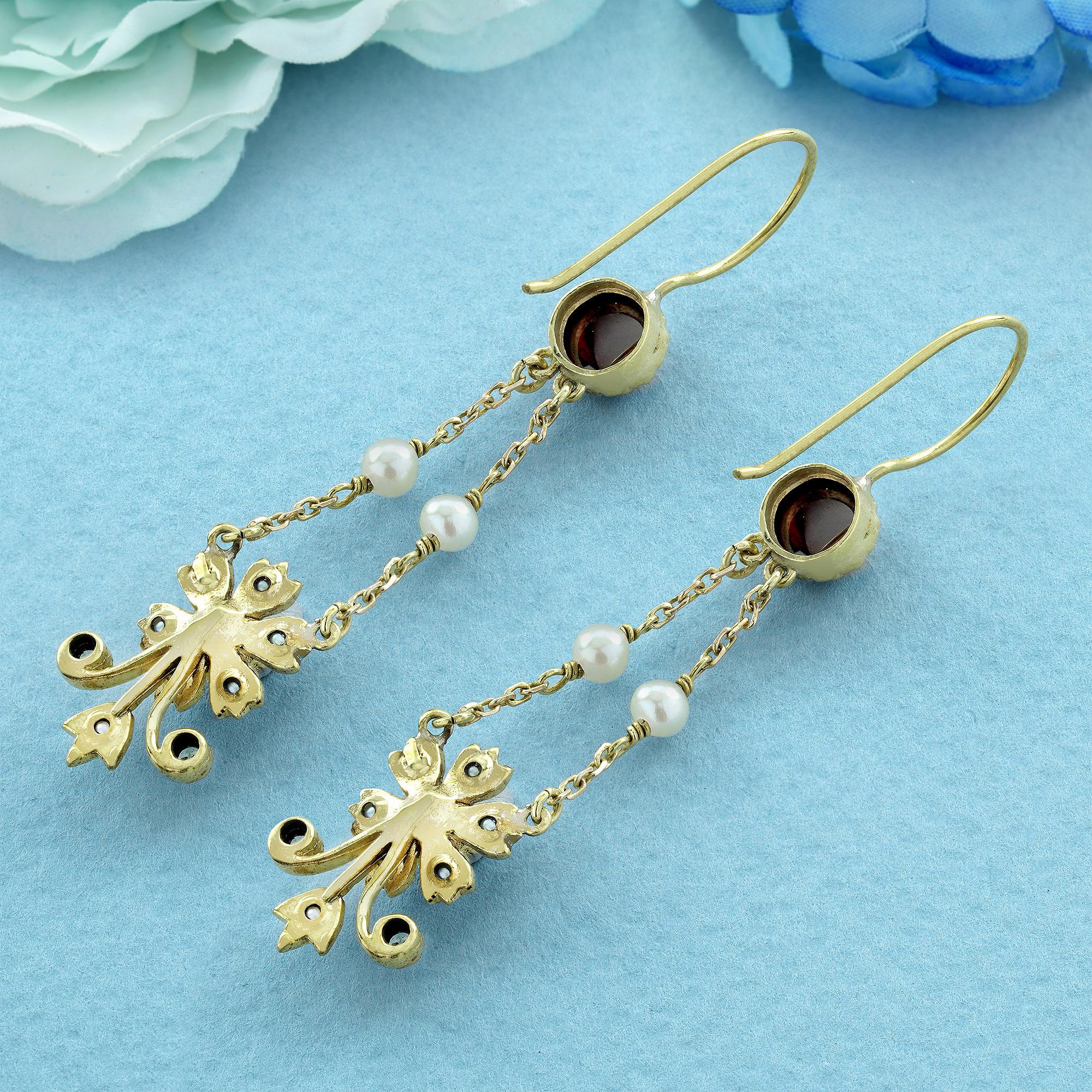 Cabochon Granat Perle und Diamant Vintage Style Tropfen Ohrringe in massivem 9K Gold (Rundschliff) im Angebot