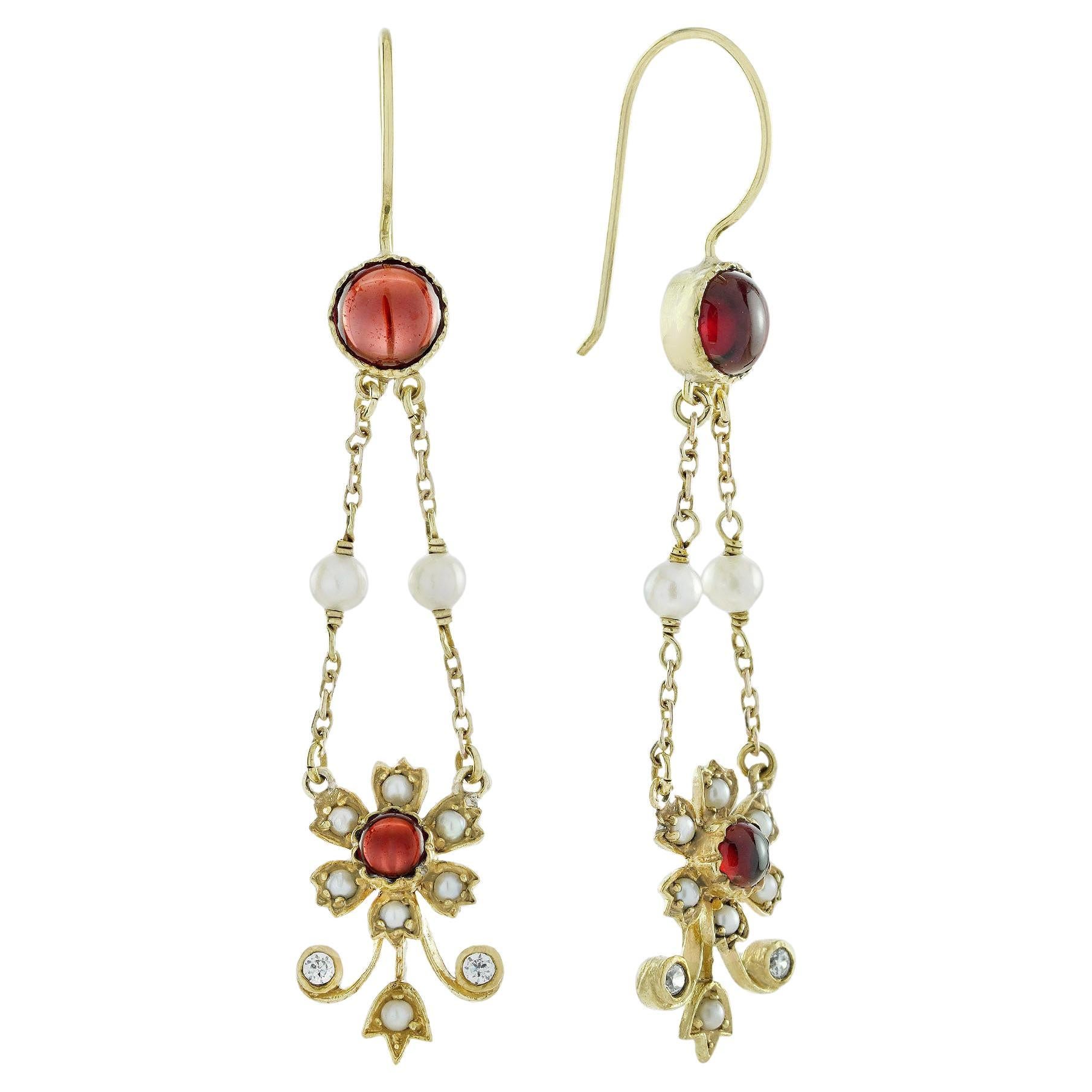 Cabochon Garnet Pearl Diamond Drop Earrings in Solid 9K Gold, Victorain Style For Sale