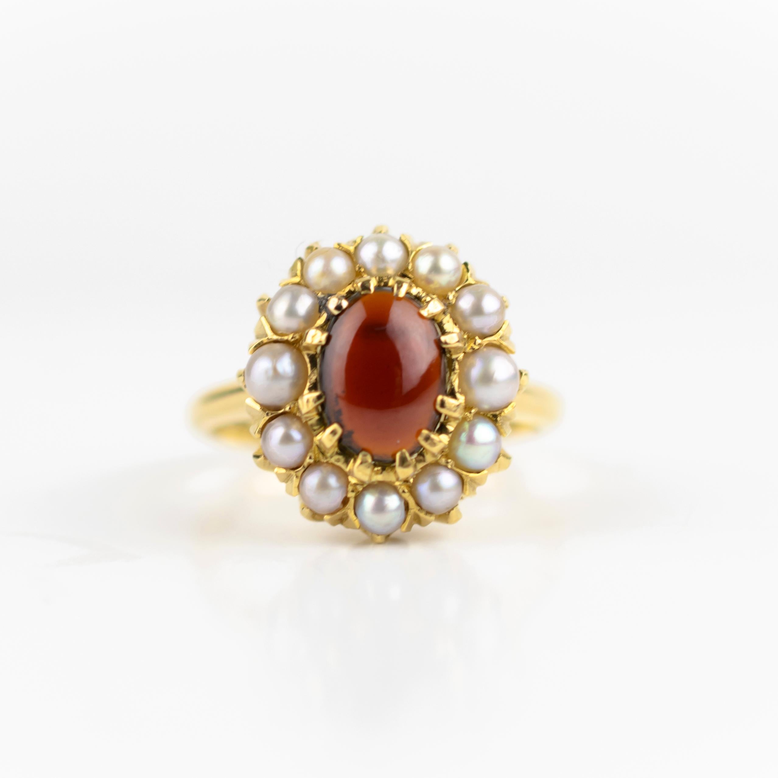 Victorian Cabochon Garnet Pearl 18k Gold Cluster Ring, circa 1890