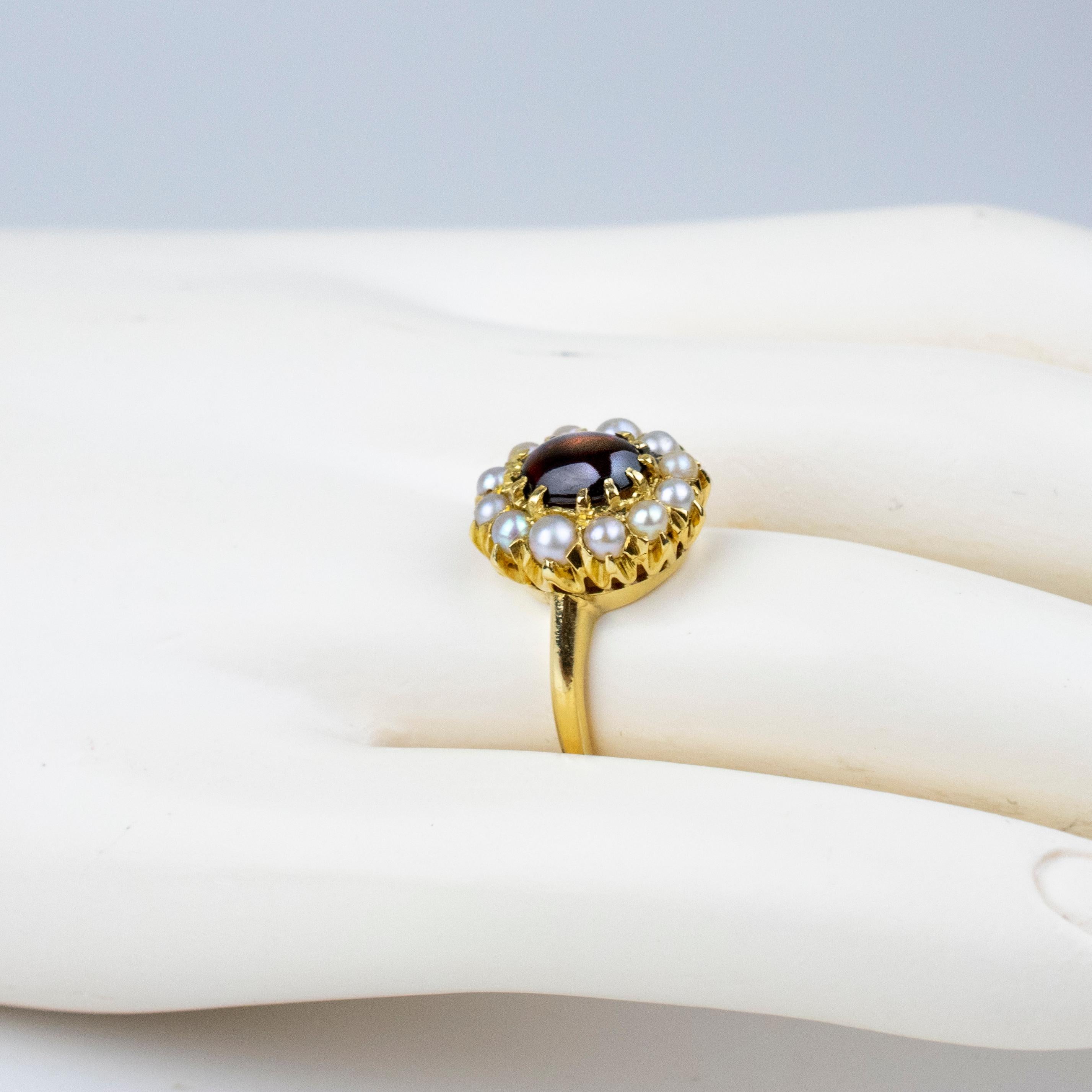 Cabochon Garnet Pearl 18k Gold Cluster Ring, circa 1890 1