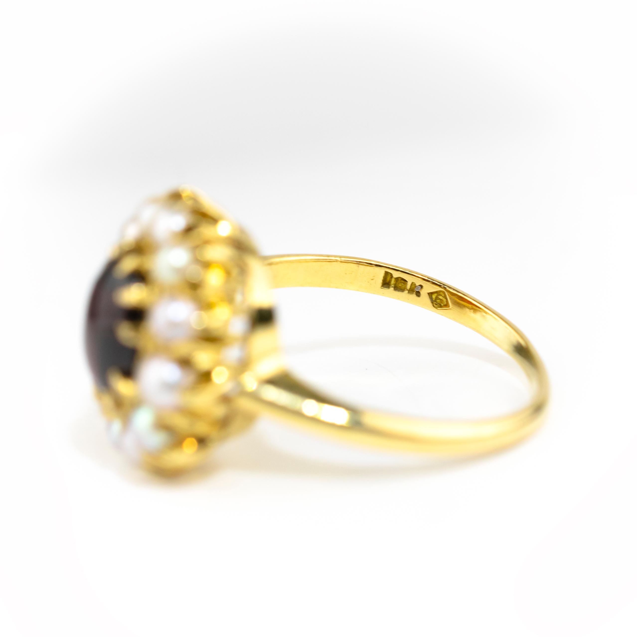Cabochon Garnet Pearl 18k Gold Cluster Ring, circa 1890 2