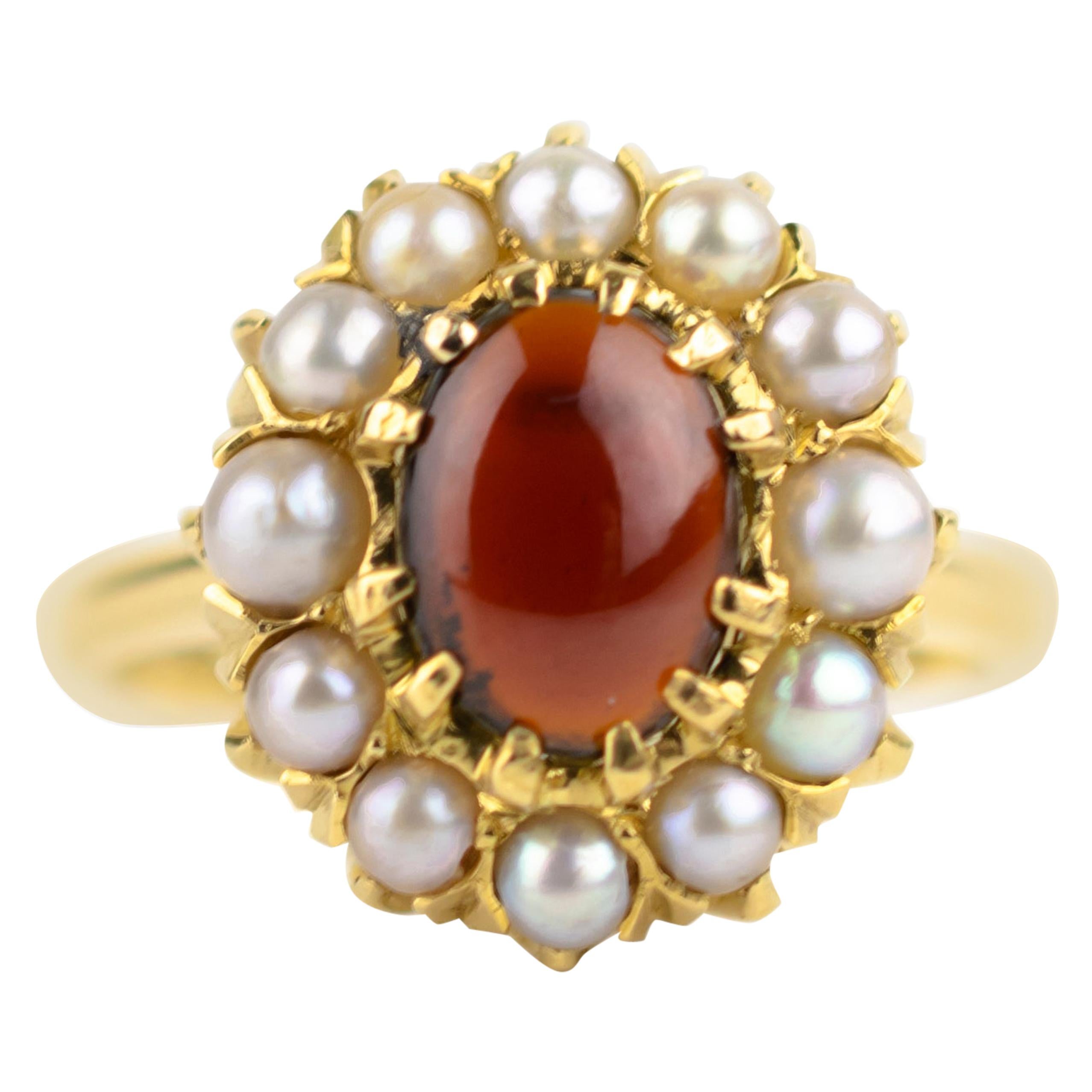 Cabochon Garnet Pearl 18k Gold Cluster Ring, circa 1890